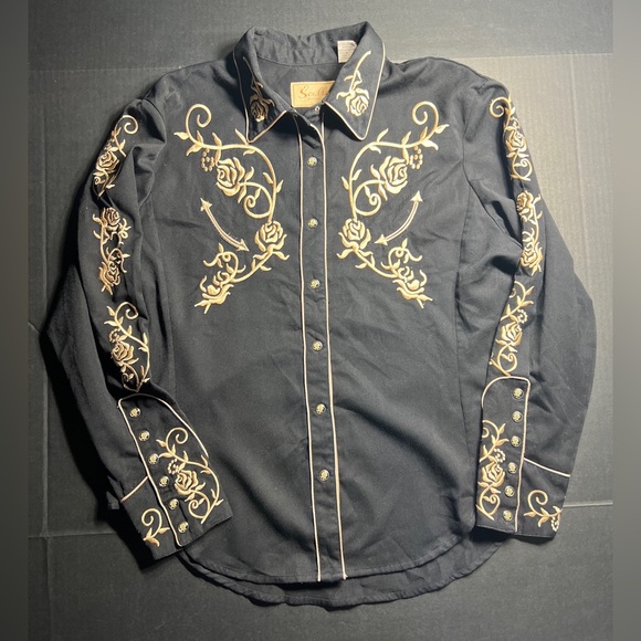 Scully Women’s Embroidered Western Shirt XL Black Roses Snap Front Rodeo - Picture 2 of 11